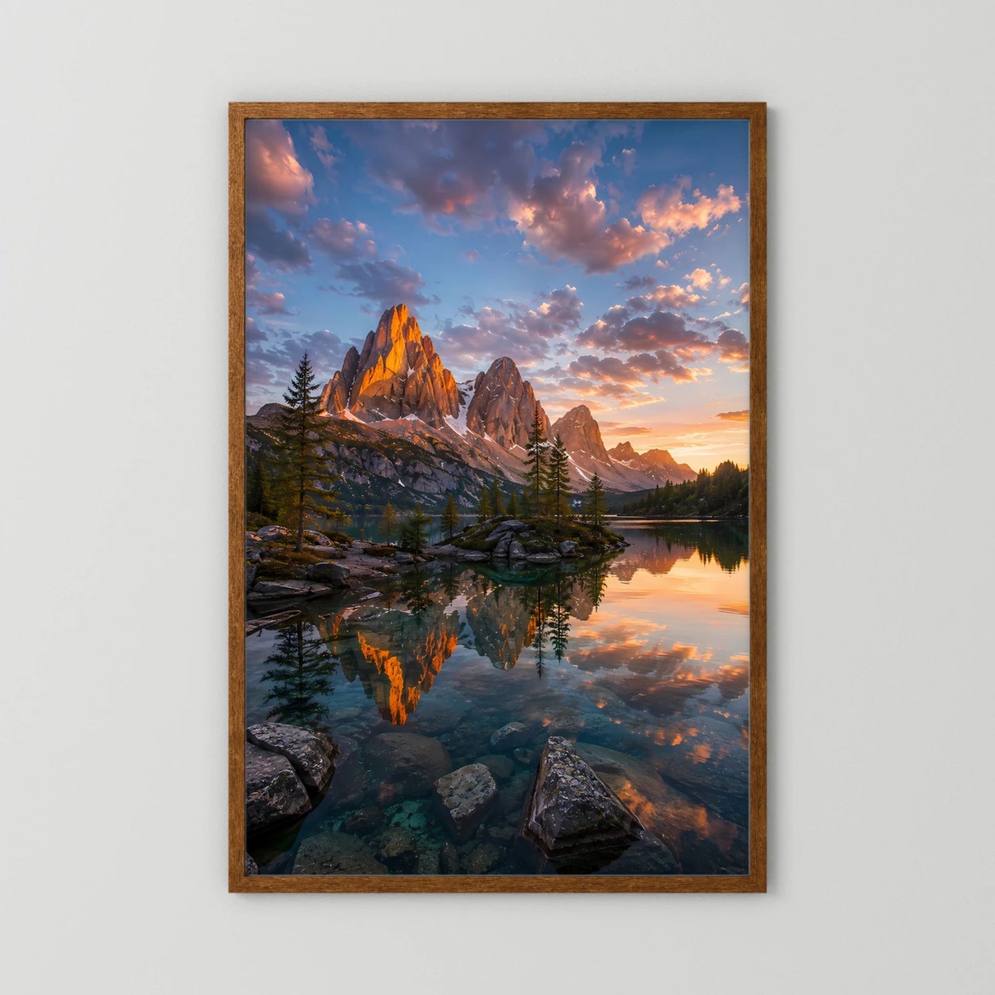 Bergsee im Sonnenuntergang | Leuchtende Berglandschaft mit Spiegelung | Poster Hochformat
