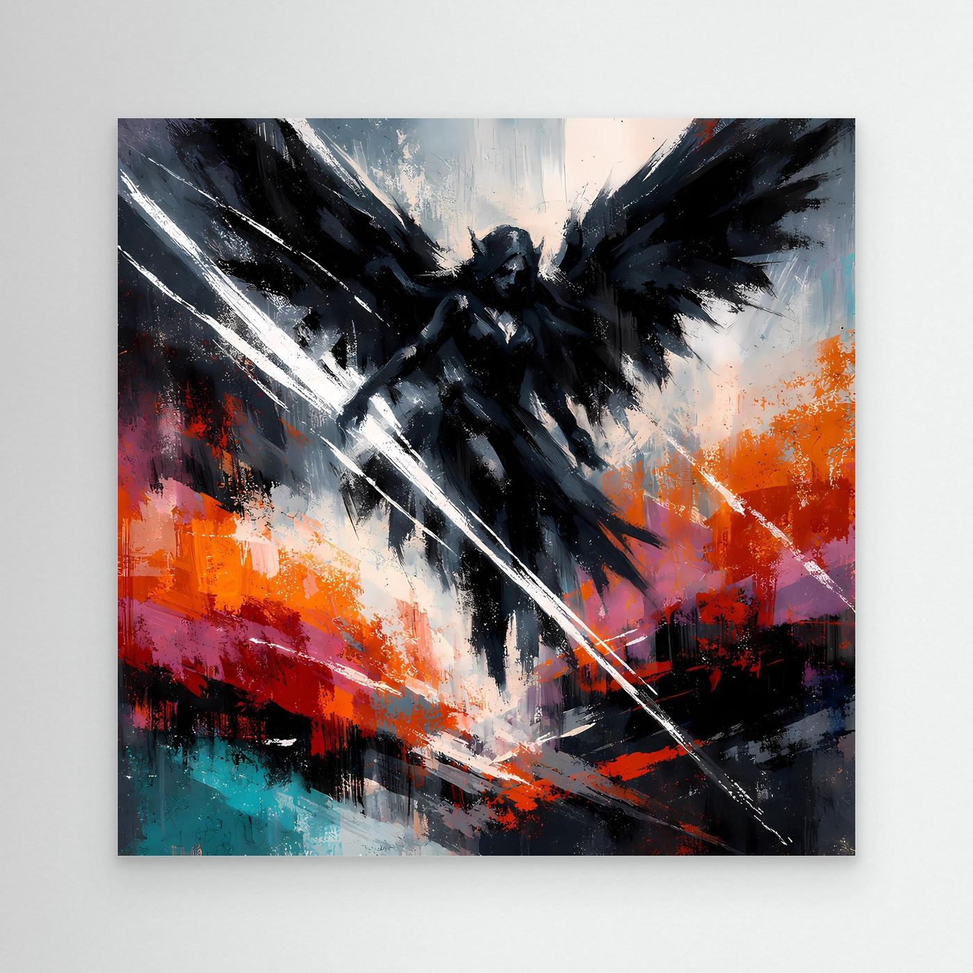 Fantasy-Wandbild: dunkler Engel mit Flügeln, diagonalem Licht und Farbflecken