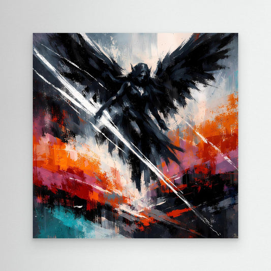 Fantasy-Wandbild: dunkler Engel mit Flügeln, diagonalem Licht und Farbflecken
