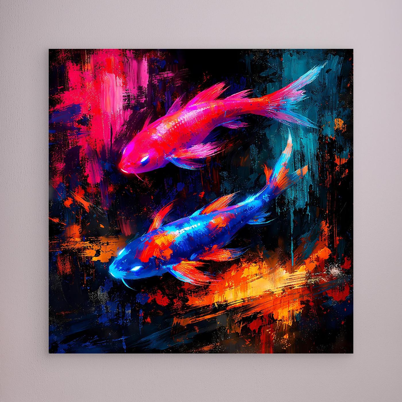 Leinwandbild mit leuchtenden Koi-Fischen in Pink und Blau, gerahmt