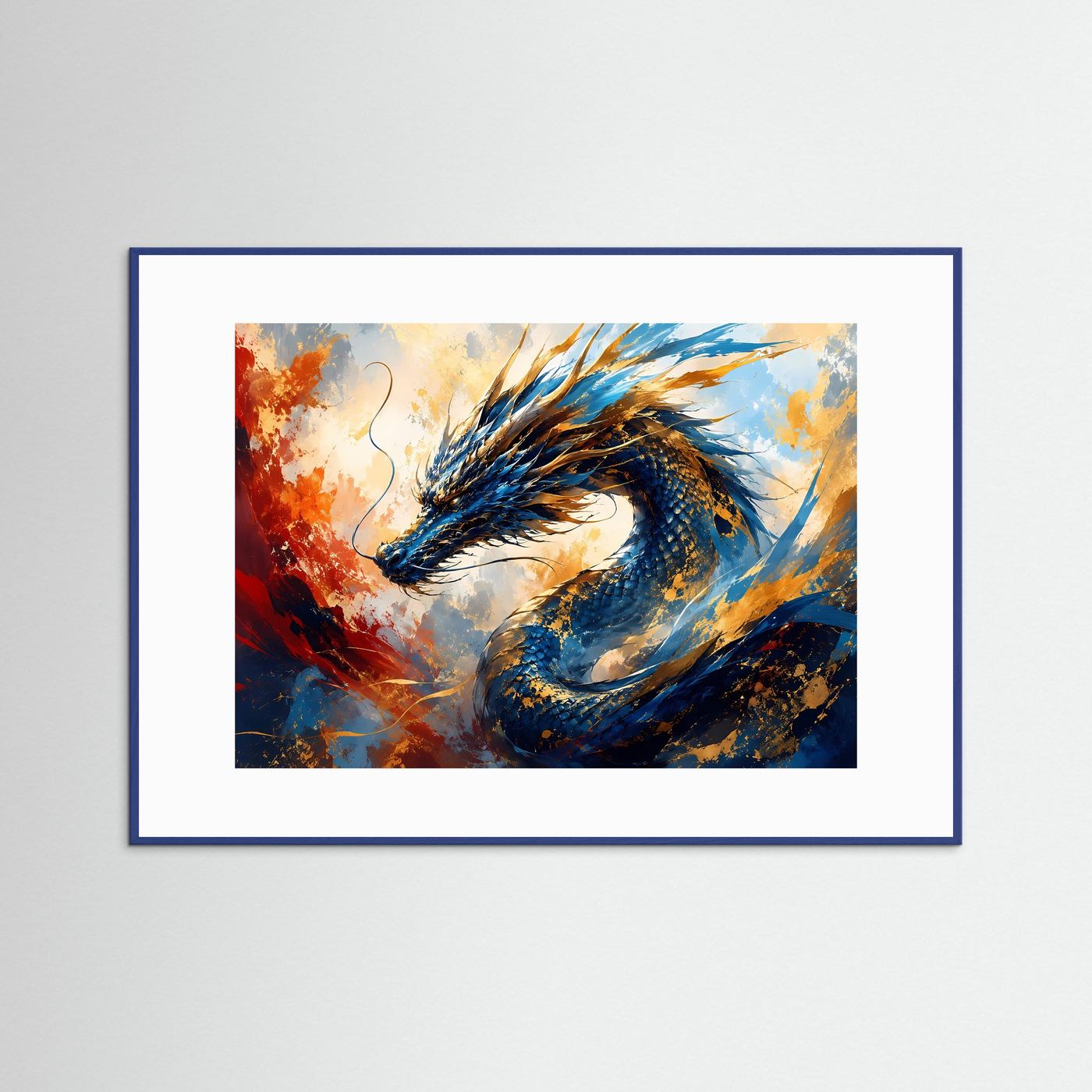 Fantasy-Wandbild mit blauem Drachen, wirbelnden Flammen und goldenen Akzenten im Querformat
