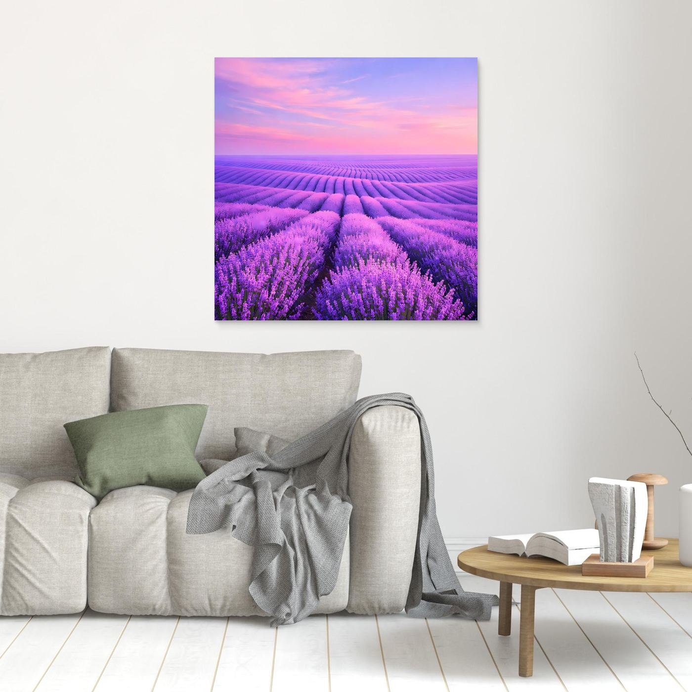 Kleines Leinwandbild Lavendelfeld mit rosa Himmel, weißer Rahmen