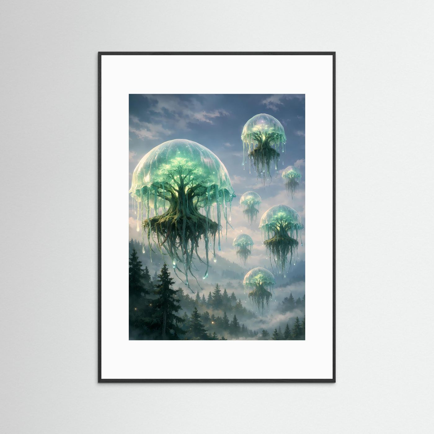 Kunstposter im Hochformat mit dunklem Rahmen; schwebende Quallen über mystischem Wald