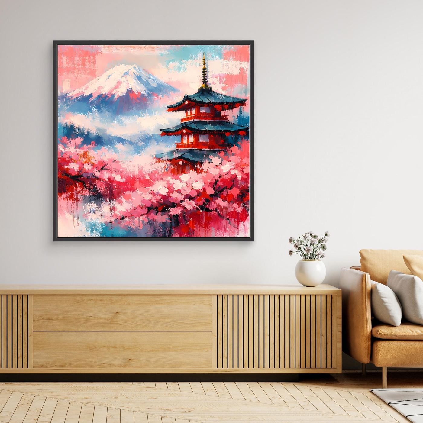 Quadratisches Leinwandbild mit Mount Fuji, Pagode und Kirschblüten, abstrakt, schwarzer Rahmen.