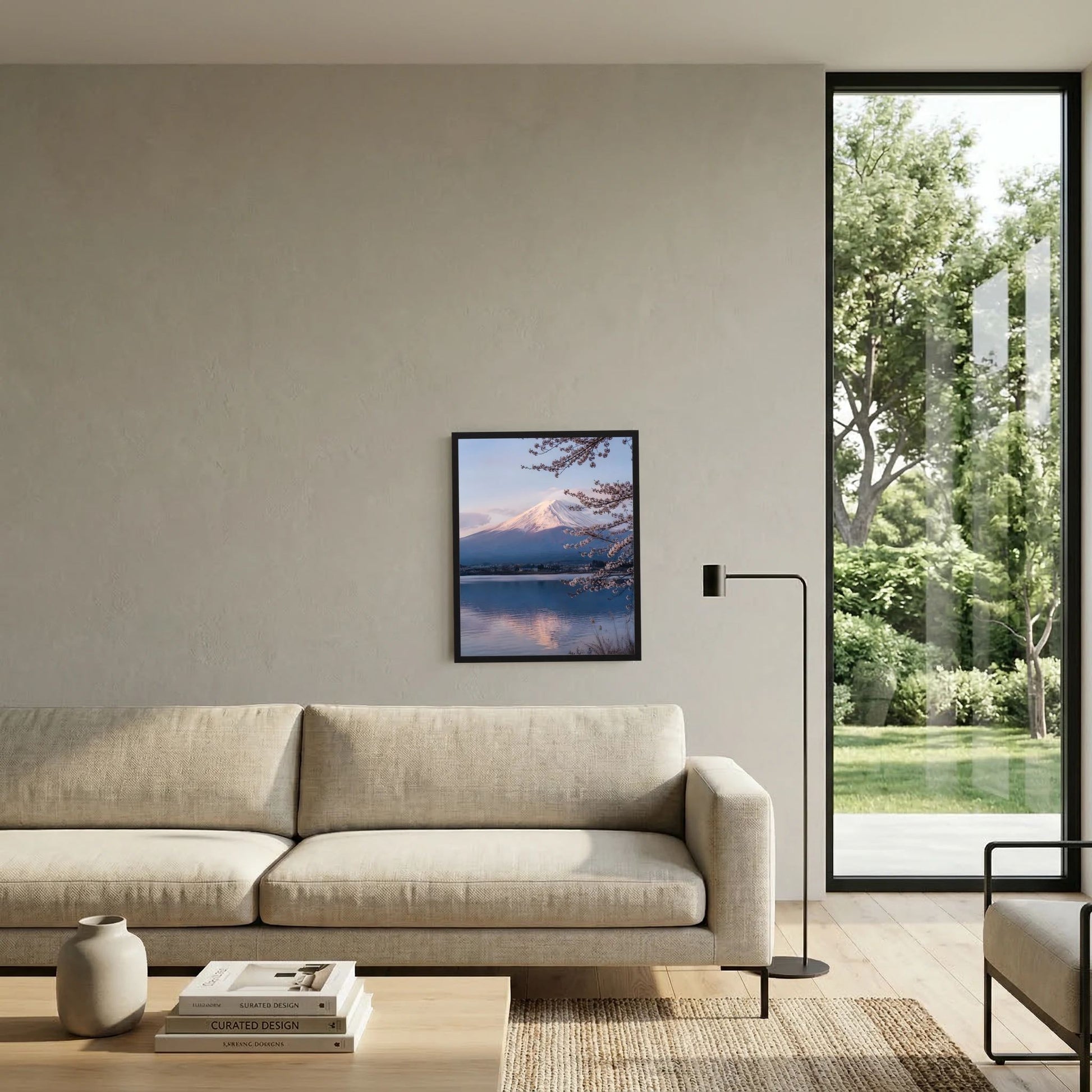 Hochformatiges Kunstposter: Berg mit Kirschblüten über See im Dämmerungslicht