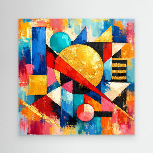 Leinwandbild mit abstrakten geometrischen Formen, buntes Farbspiel mit Kreisen und Streifen