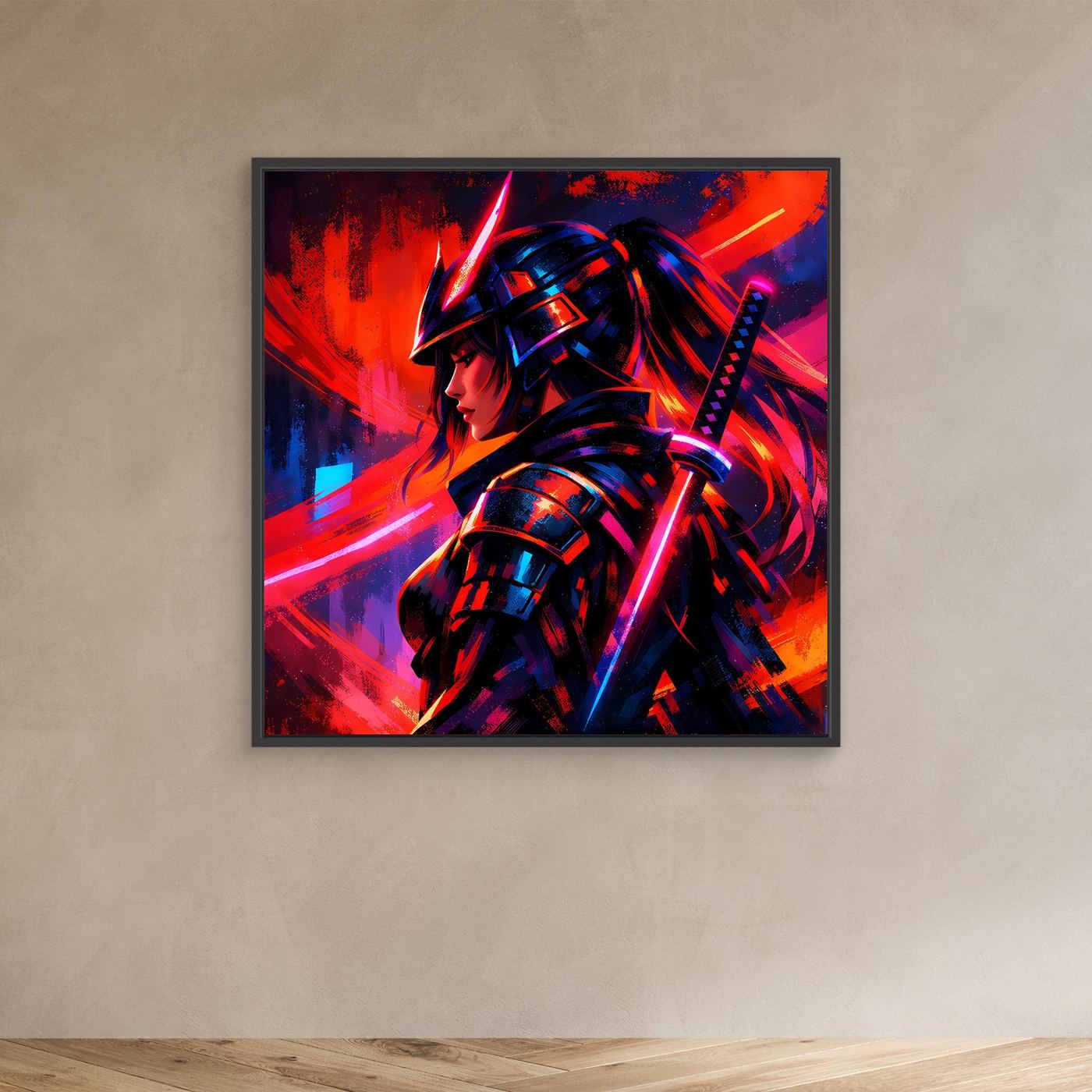 Neon-Leinwandbild Samurai-Kriegerin, abstrakte Grafik, schwarzer Rahmen