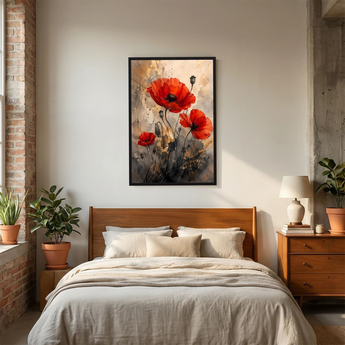 Abstraktes Mohnblumen-Poster mit roten Blüten, grauen Linien und goldbeigen Sprenkeln, schwarz gerahmt