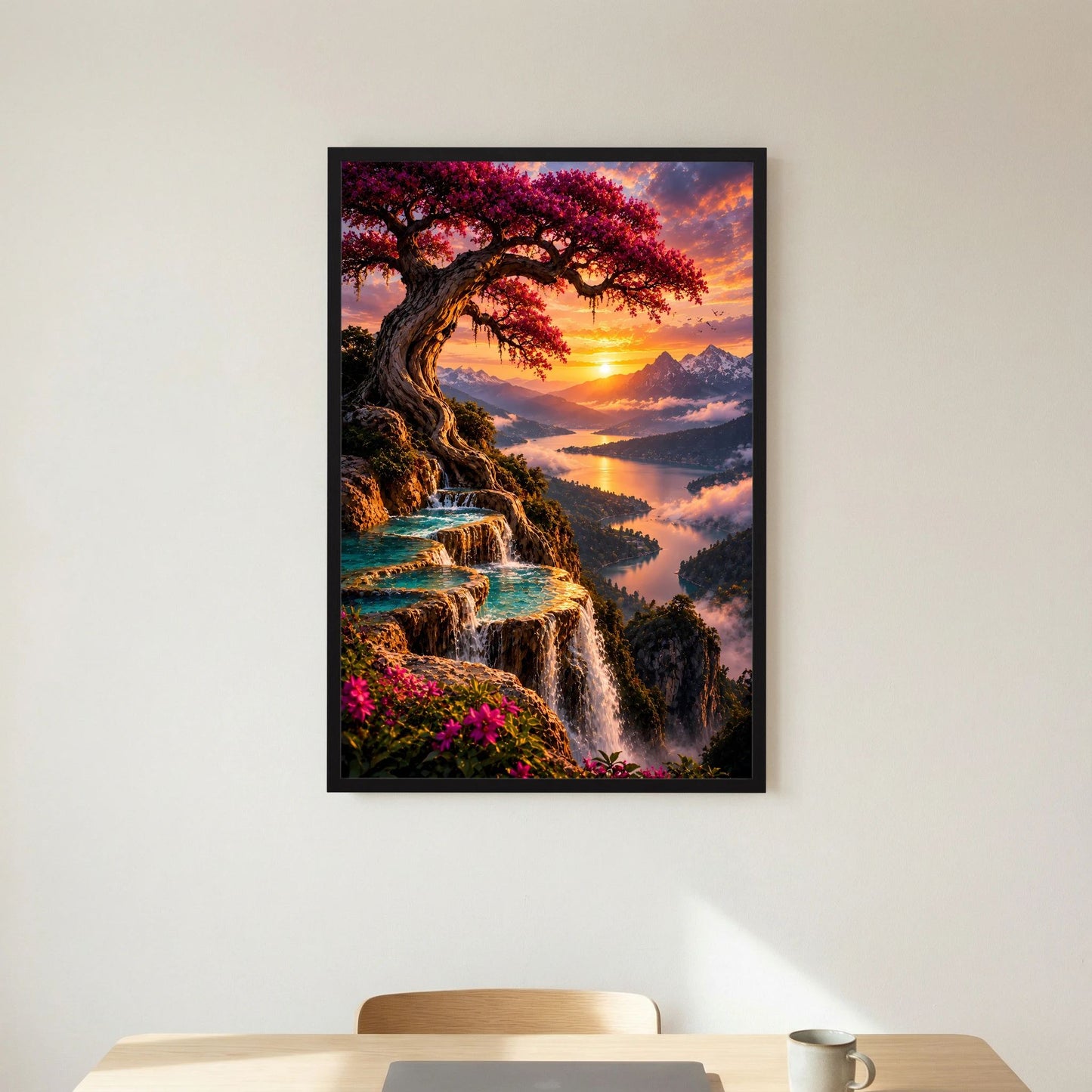 Magischer Baum über Bergsee | Wasserfälle im Sonnenuntergang | Poster Hochformat