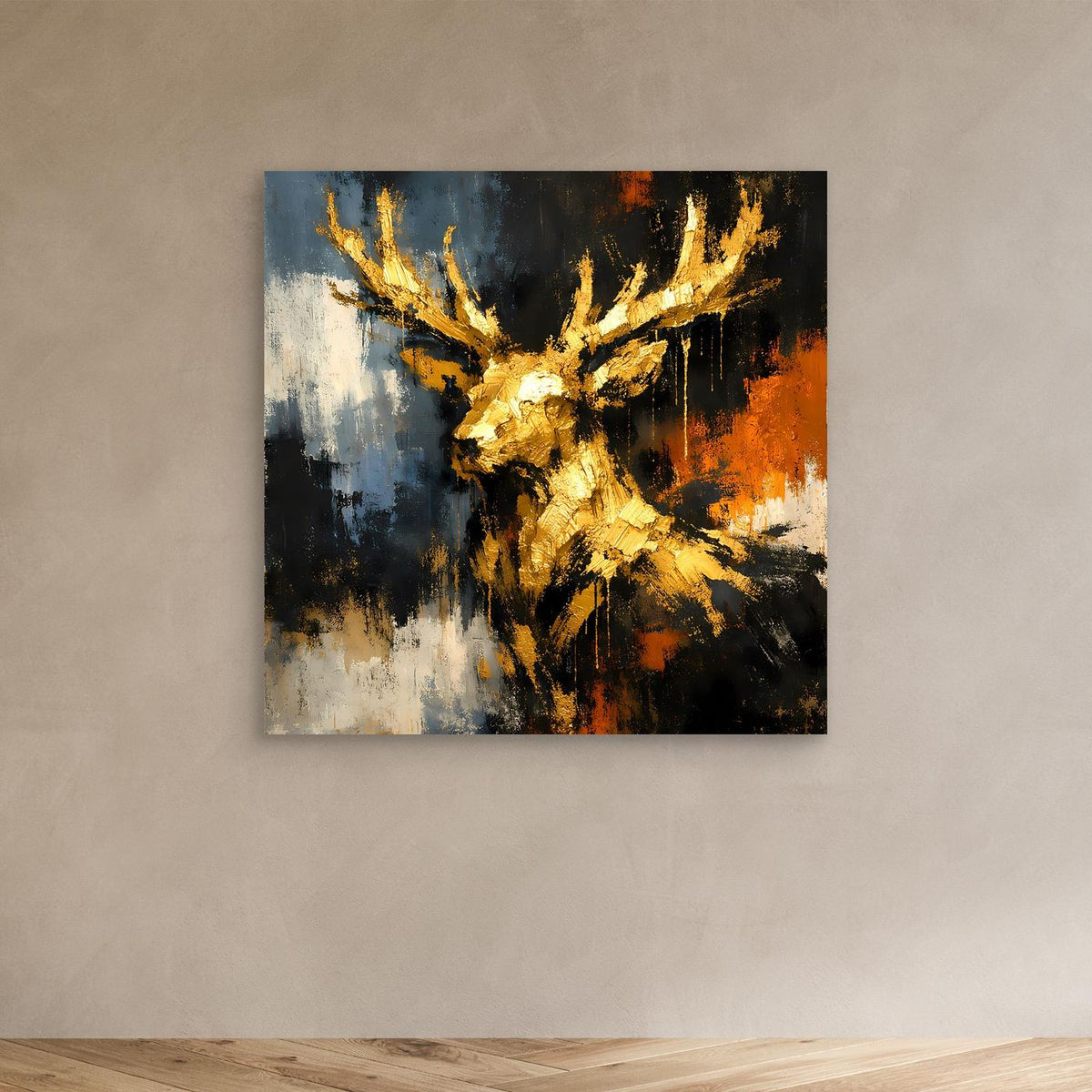 Leinwandbild mit goldenem Hirschkopf, abstrakte Farbstrukturen in Blau, Schwarz und Orange