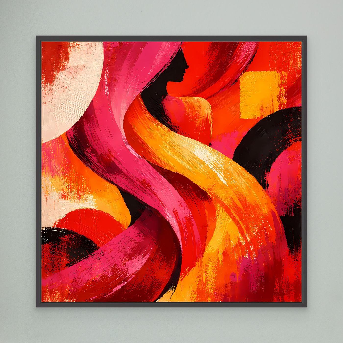 Leinwandbild mit abstrakter Frauensilhouette, kräftige Pinselstriche in Rot/Orange, schwarz gerahmt.