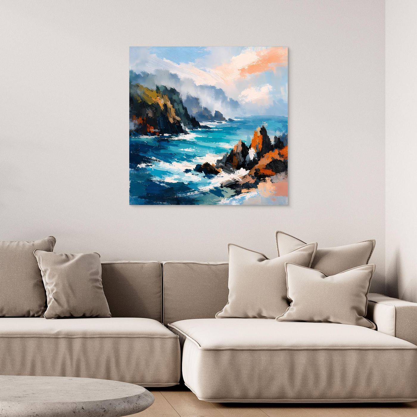 Abstraktes Leinwand-Wandbild mit Klippen und Meer in Blau und Orange, ohne Rahmen