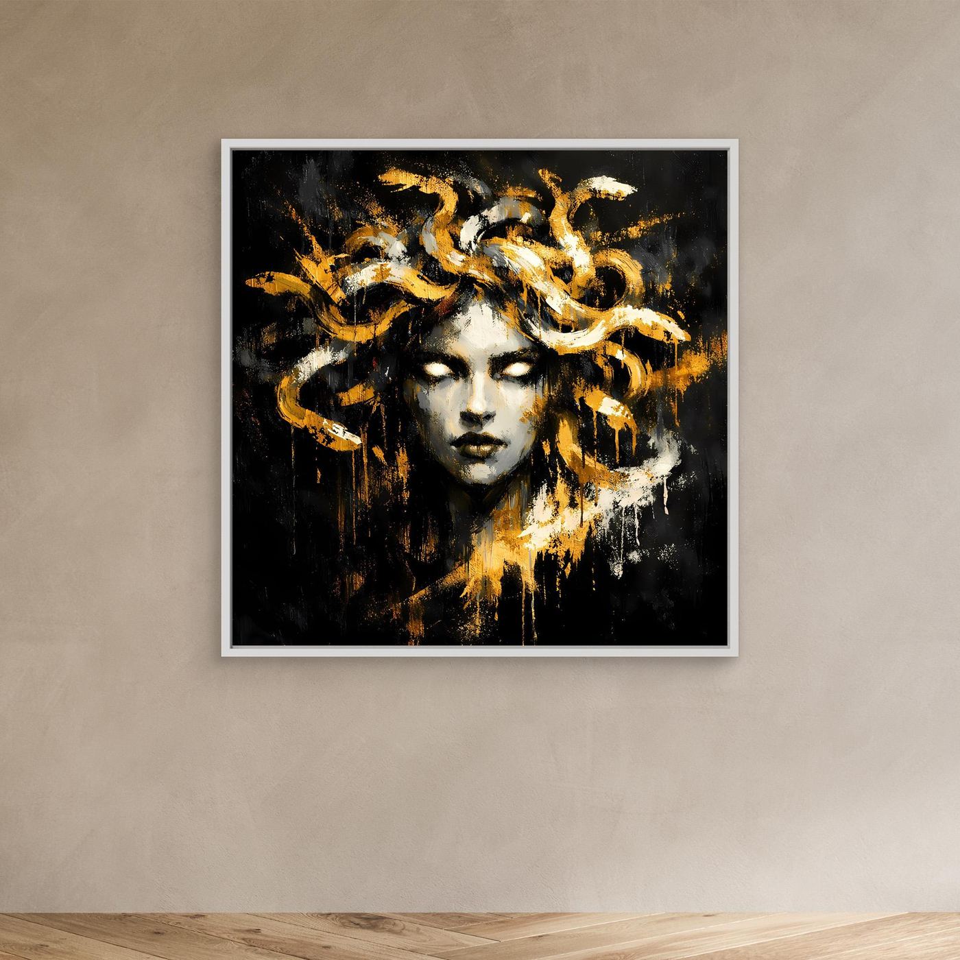 Leinwand Goldene Medusa Gorgone | Abstraktes Mythologie Wandbild Modern
