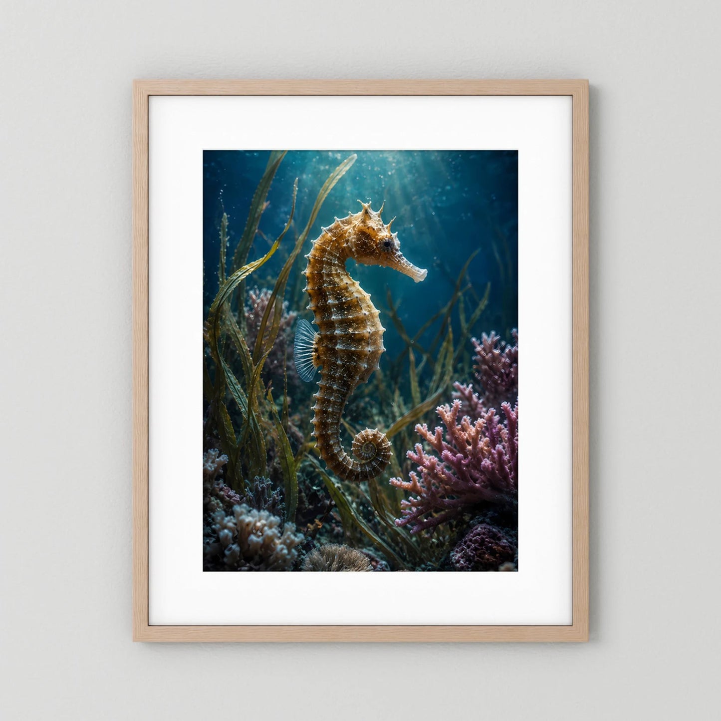Poster im Hochformat mit Seepferdchen im Korallenriff, heller Holzrahmen