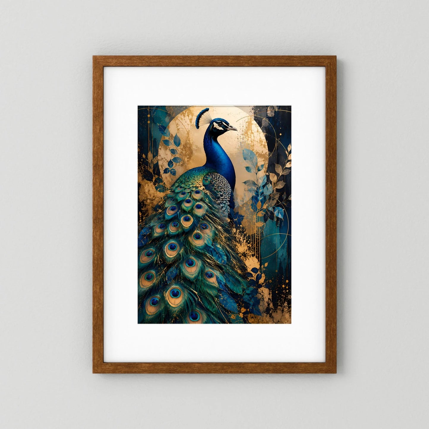 Pfau-Poster im braunen Holzrahmen, blau-goldene Tierkunst mit Pfauenfächer