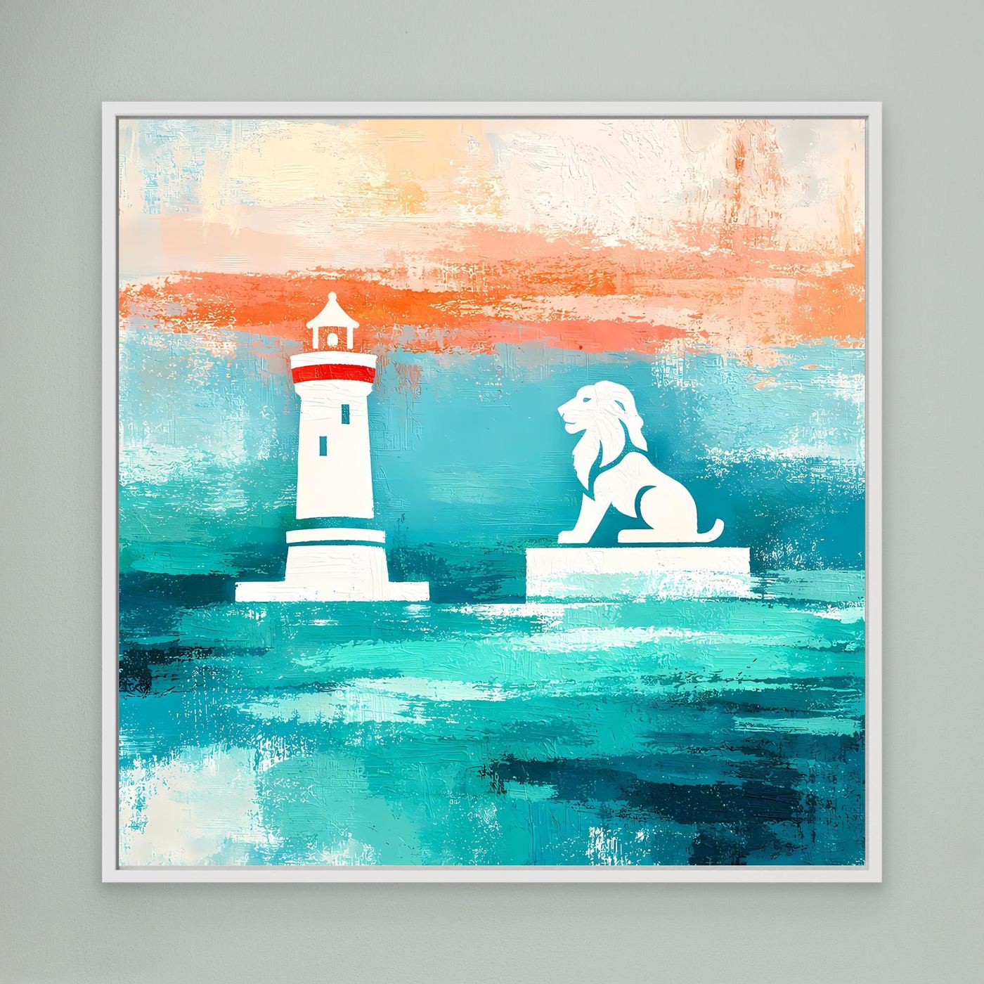 Leinwand Maritimer Leuchtturm und Löwe | Abstraktes Küsten Wandbild Lindau