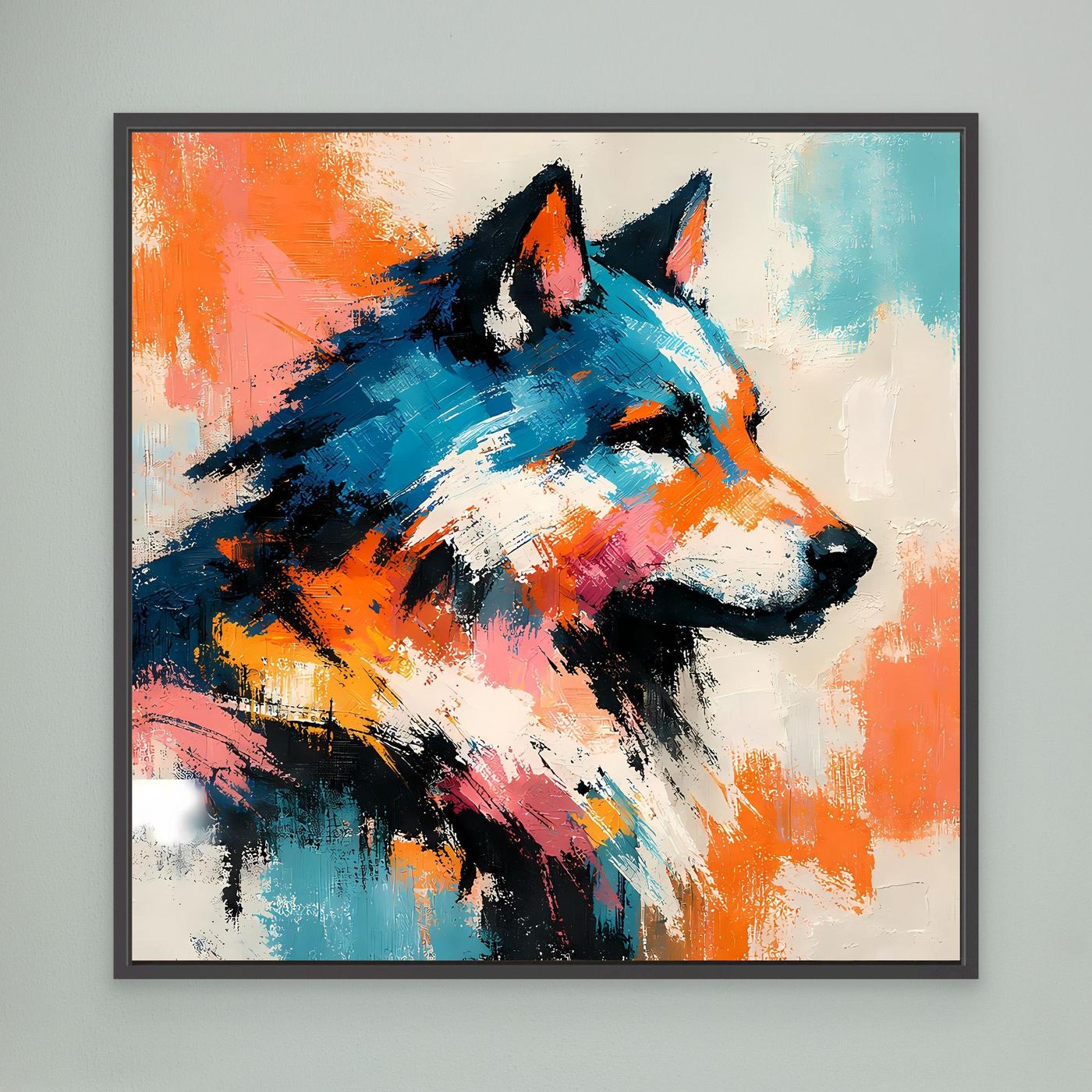 Abstrakte Wolf-Leinwand, blau-schwarz mit orangefarbenen Spritzern, schwarz gerahmt