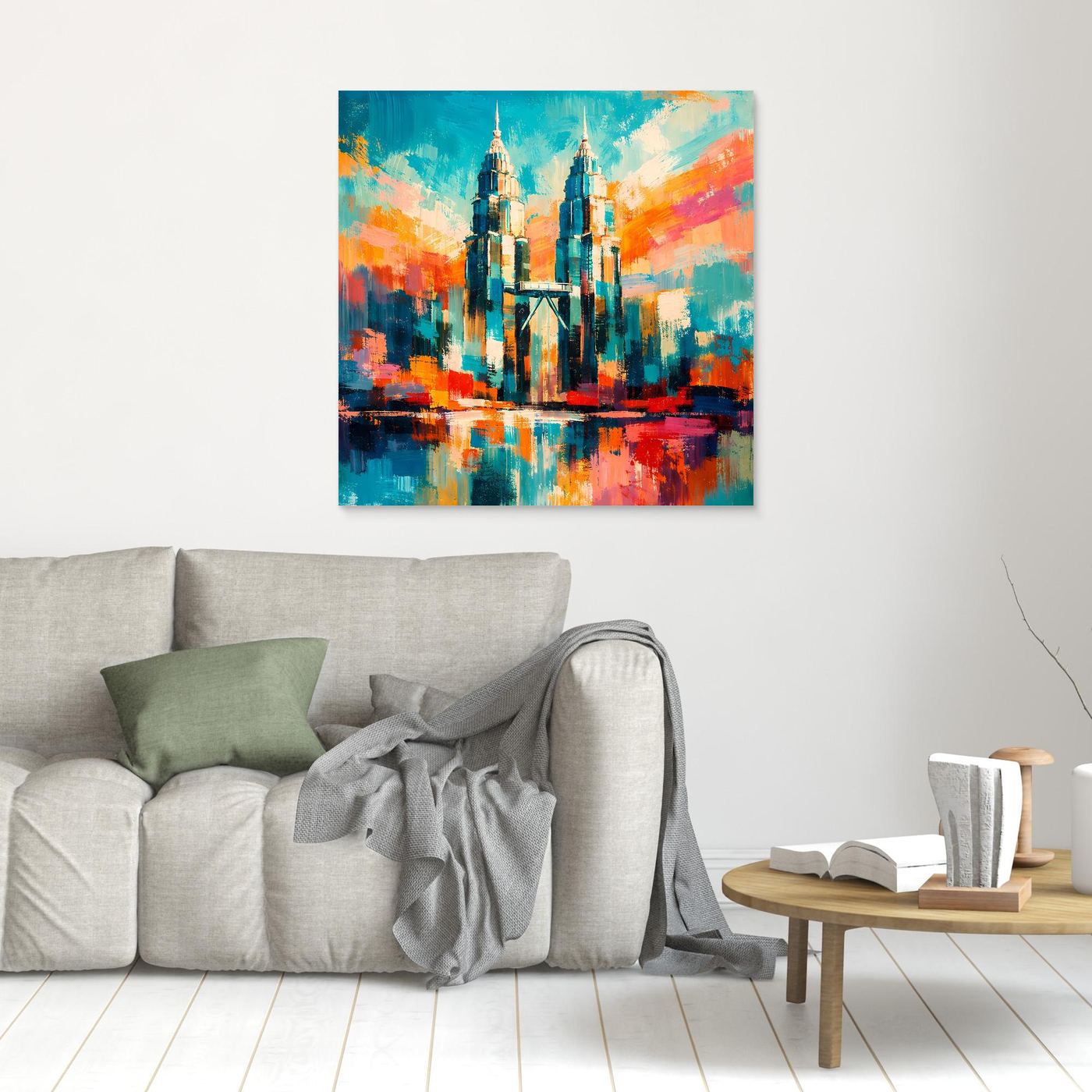 Leinwand-Wandbild mit farbigem abstraktem Türmepaar und Spiegelung, ohne Rahmen