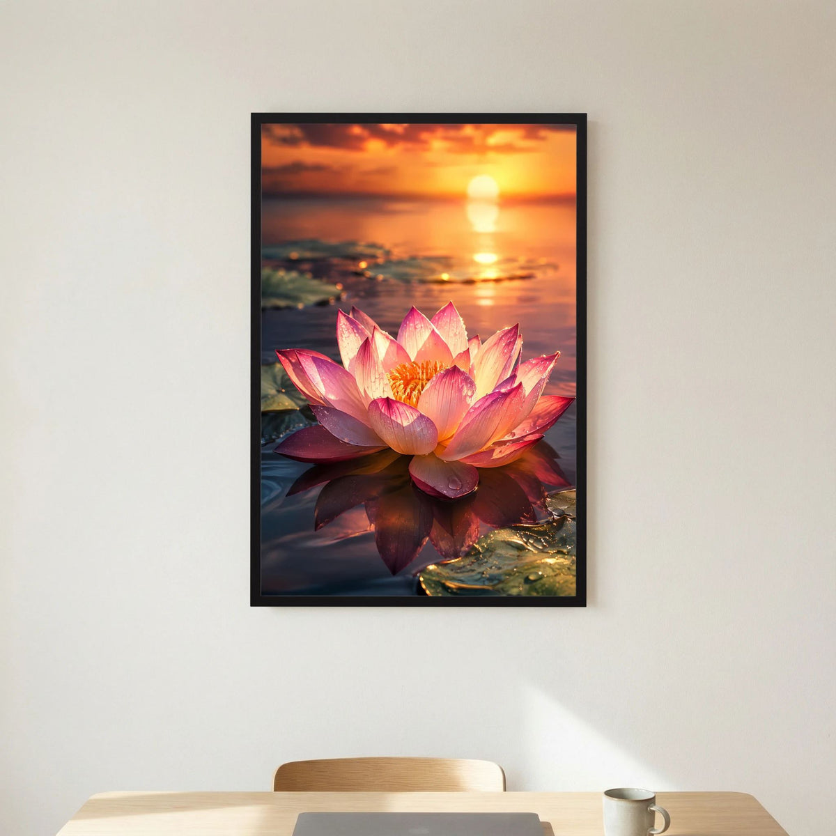 Hochformatiges Poster mit großer rosafarbener Seerose im Sonnenuntergang, schwarzer Rahmen