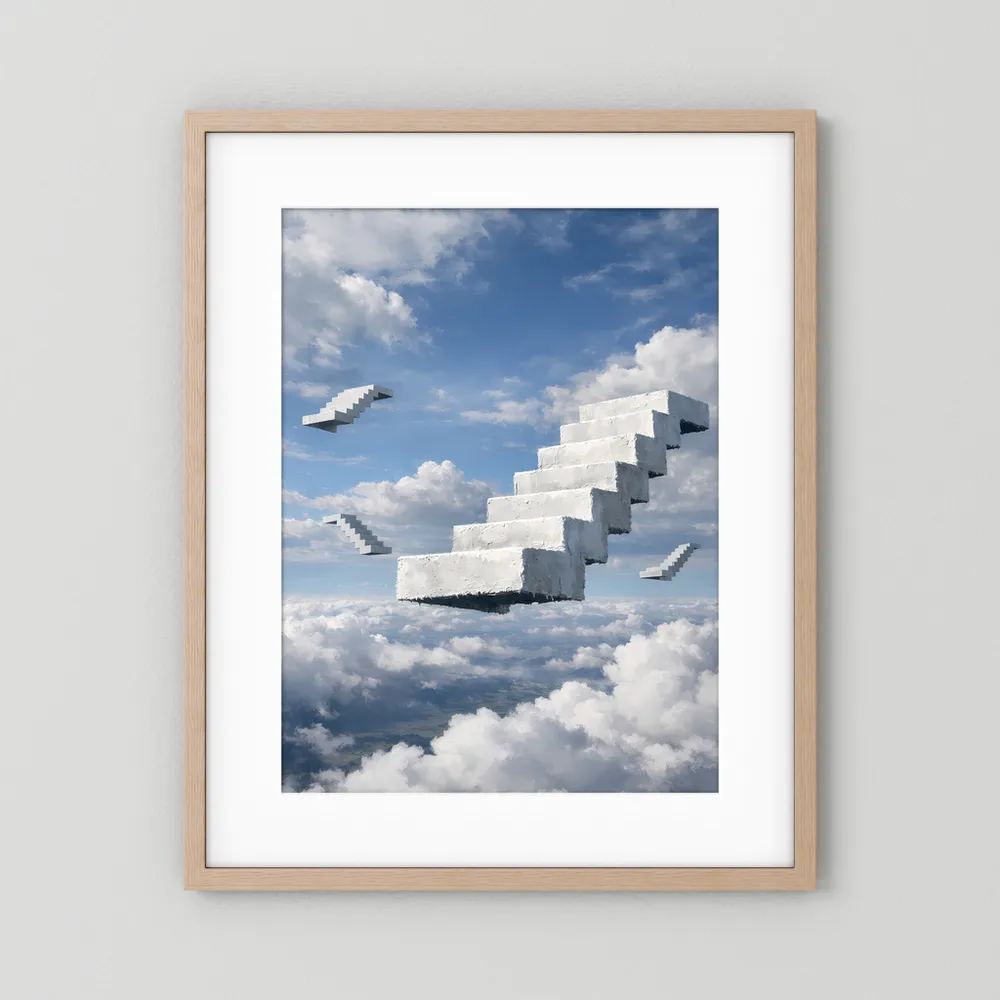 Hochformatiges Poster mit schwebender Treppe über Wolken, hellbrauner Holzrahmen