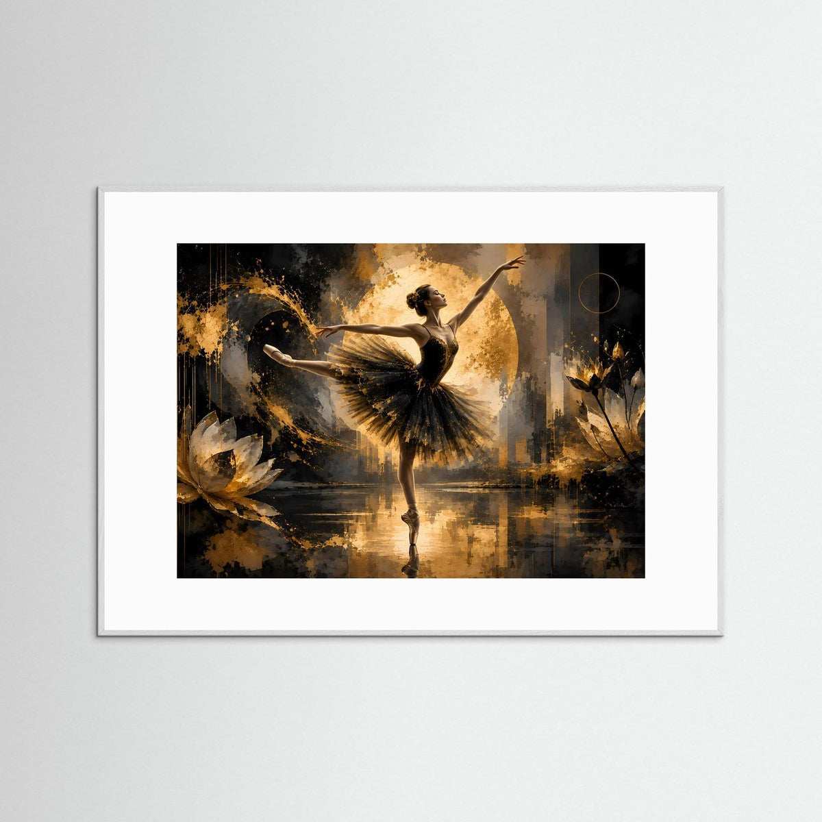 Gerahmter Poster-Druck mit Ballerina in Schwarz und Gold, graues Rahmenprofil