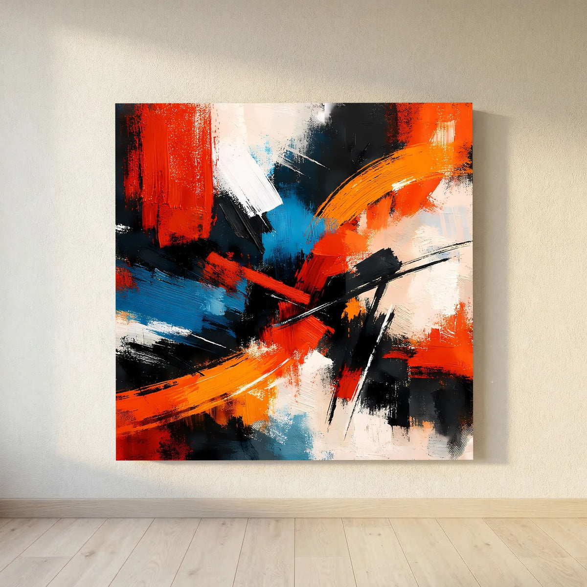 Abstraktes Leinwandbild auf Holzkeilrahmen mit roten, blauen, orangefarbenen und schwarzen Akzenten