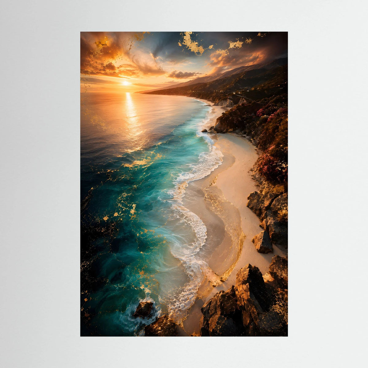 Landschaftsposter im Hochformat mit Küste, türkisfarbenem Meer, Sandstrand und Sonnenuntergang.