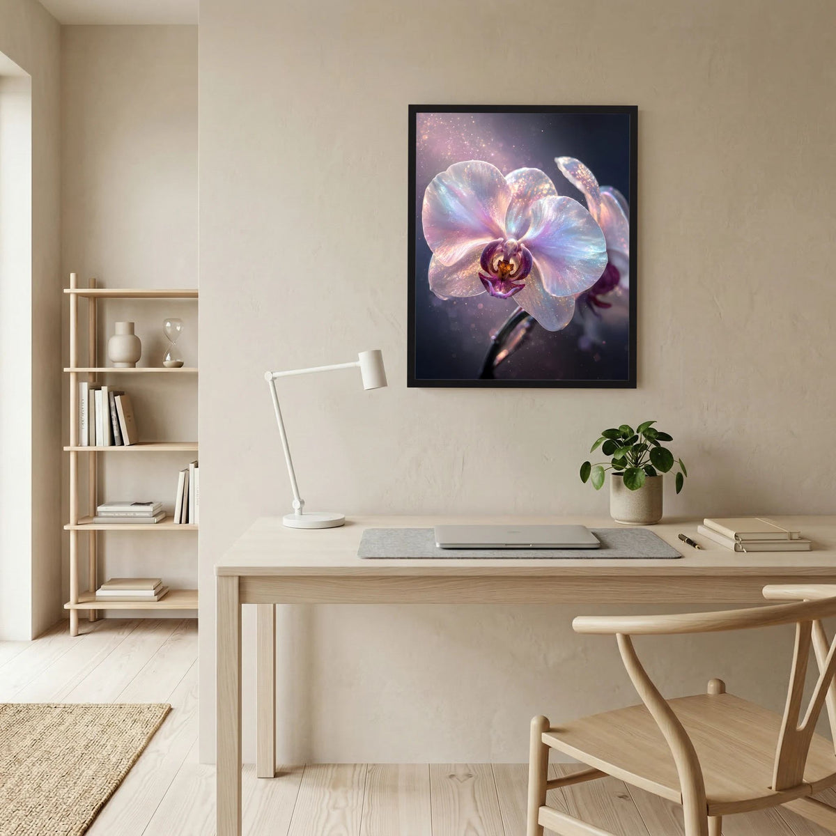 Gerahmtes Poster mit pastell schimmernder Orchideenblüte, schwarzer Rahmen