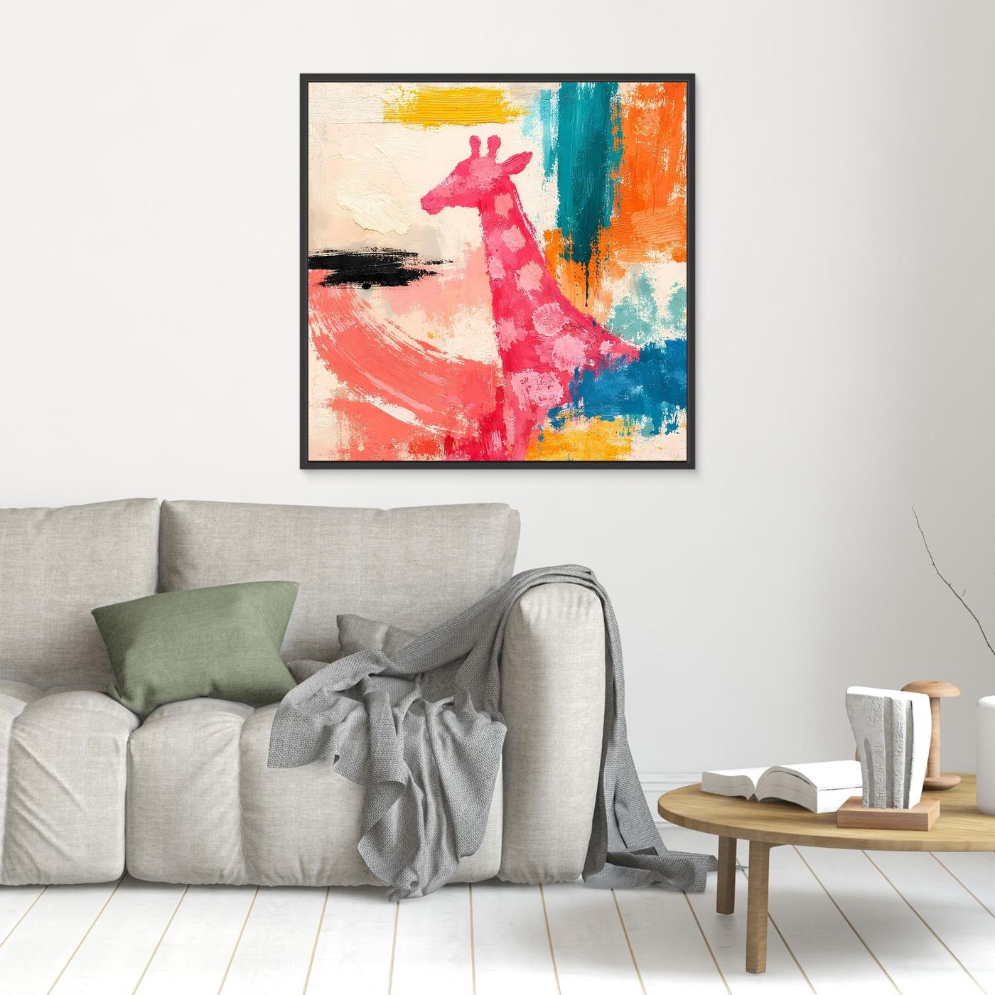 Leinwandbild mit abstrakter Giraffe in Pink und bunten Farbstreifen, schwarz gerahmt
