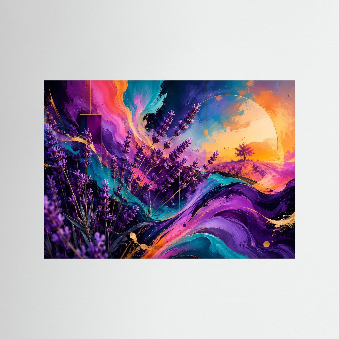 Abstraktes Lavendelfeld Wandbild | Moderne Lavendel Landschaft Kunst | Violett Türkis Sonnenuntergang | Farbenfrohe Botanical Wall Art | Premium Leinwand Poster