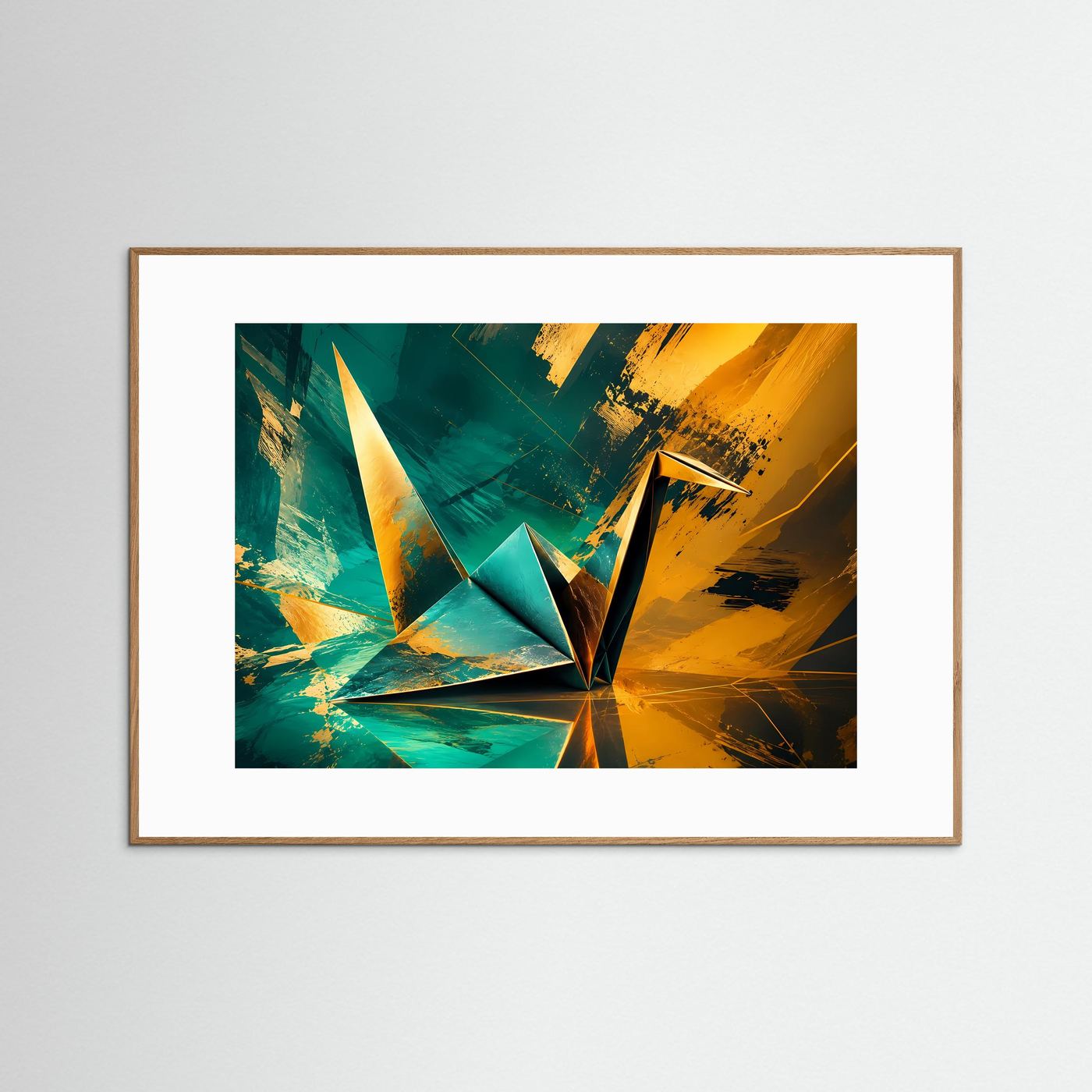 Origami Kranich Poster | Moderne Japanische Wandkunst | Abstrakte Gold Türkis Kunst | Minimalistisches Wandbild
