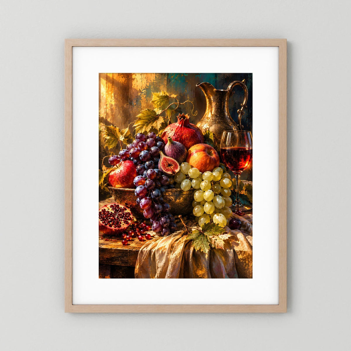 Hochformatiges Poster mit Trauben, Feigen, Granatapfel und Wein, beiger Holzrahmen mit weißem Rand.