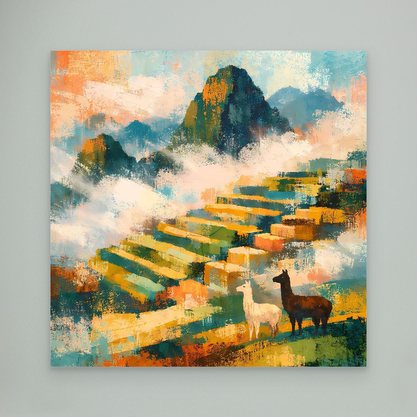 Leinwand-Wandbild mit abstrakter Landschaft, farbigen Terrassen und zwei Alpakas