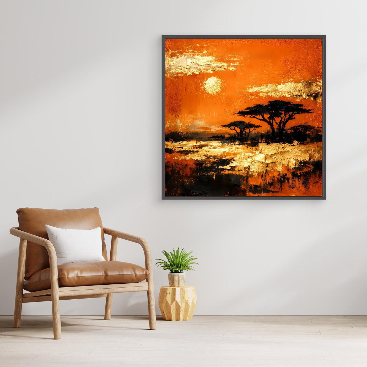 Leinwand Abstraktes Savannen-Panorama | Modernes Afrika Wandbild in Orange und Goldblättern