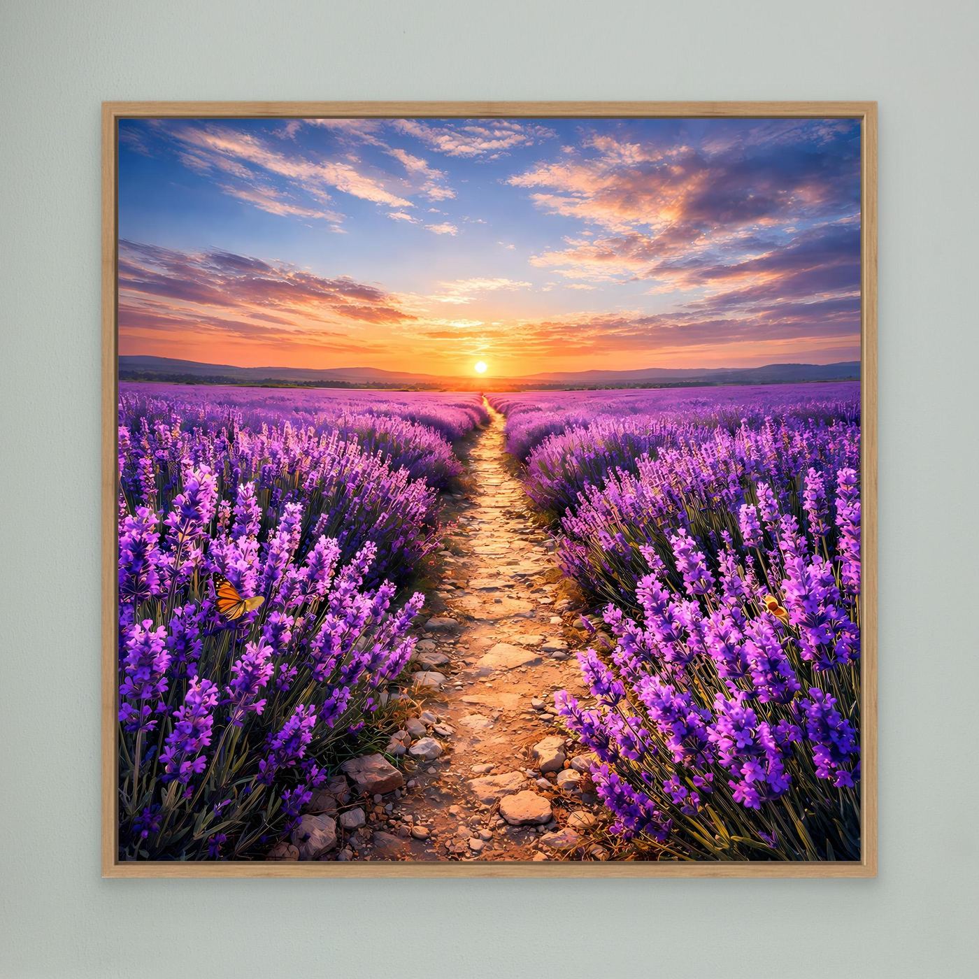 Leinwandbild Lavendelfeld mit Kiesweg und Sonnenuntergang, Eichenrahmen