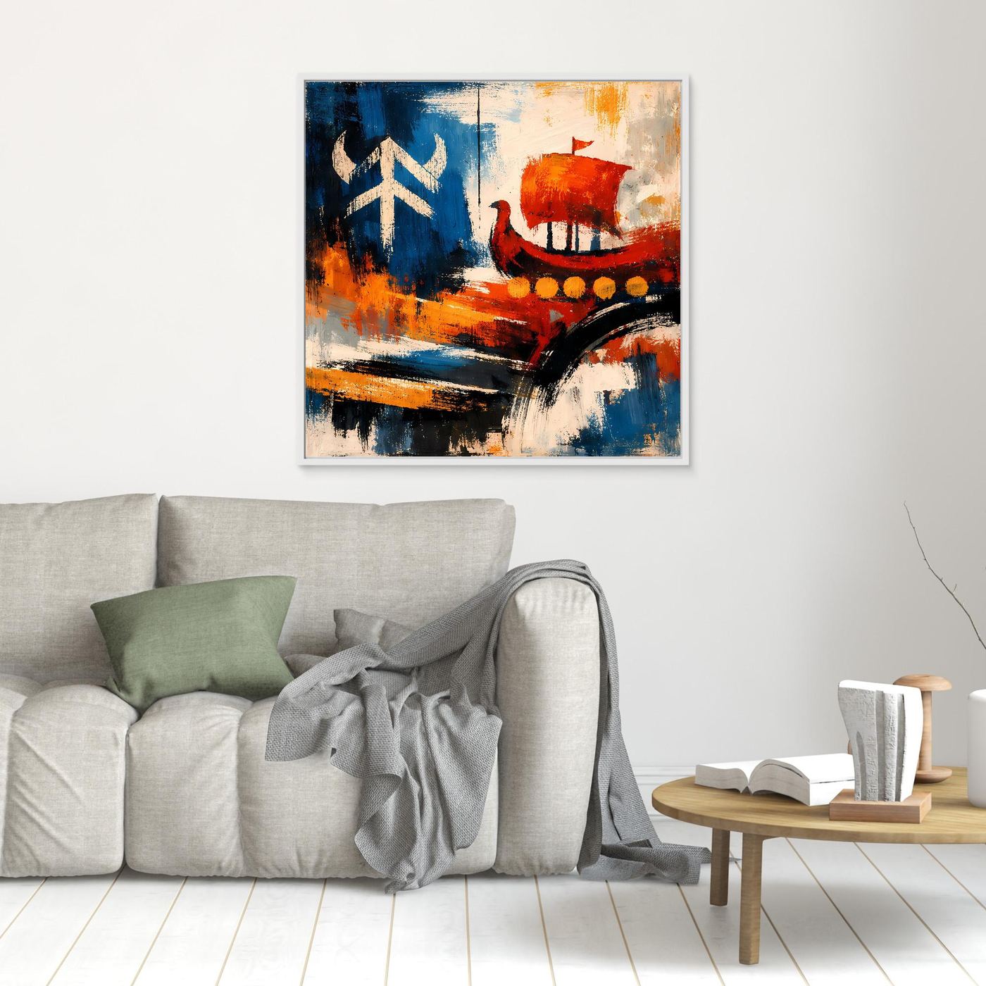 Kleines gerahmtes Wandbild mit abstraktem Wikingerschiff: blau-rote Farbflächen und orange Punkte