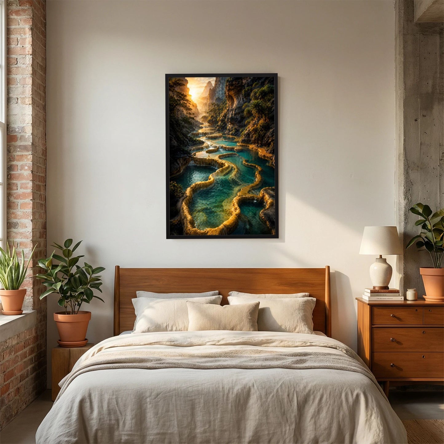 Poster im Hochformat mit schwarzem Rahmen: türkisfarbenes Wasser in gold beleuchteter Schlucht.
