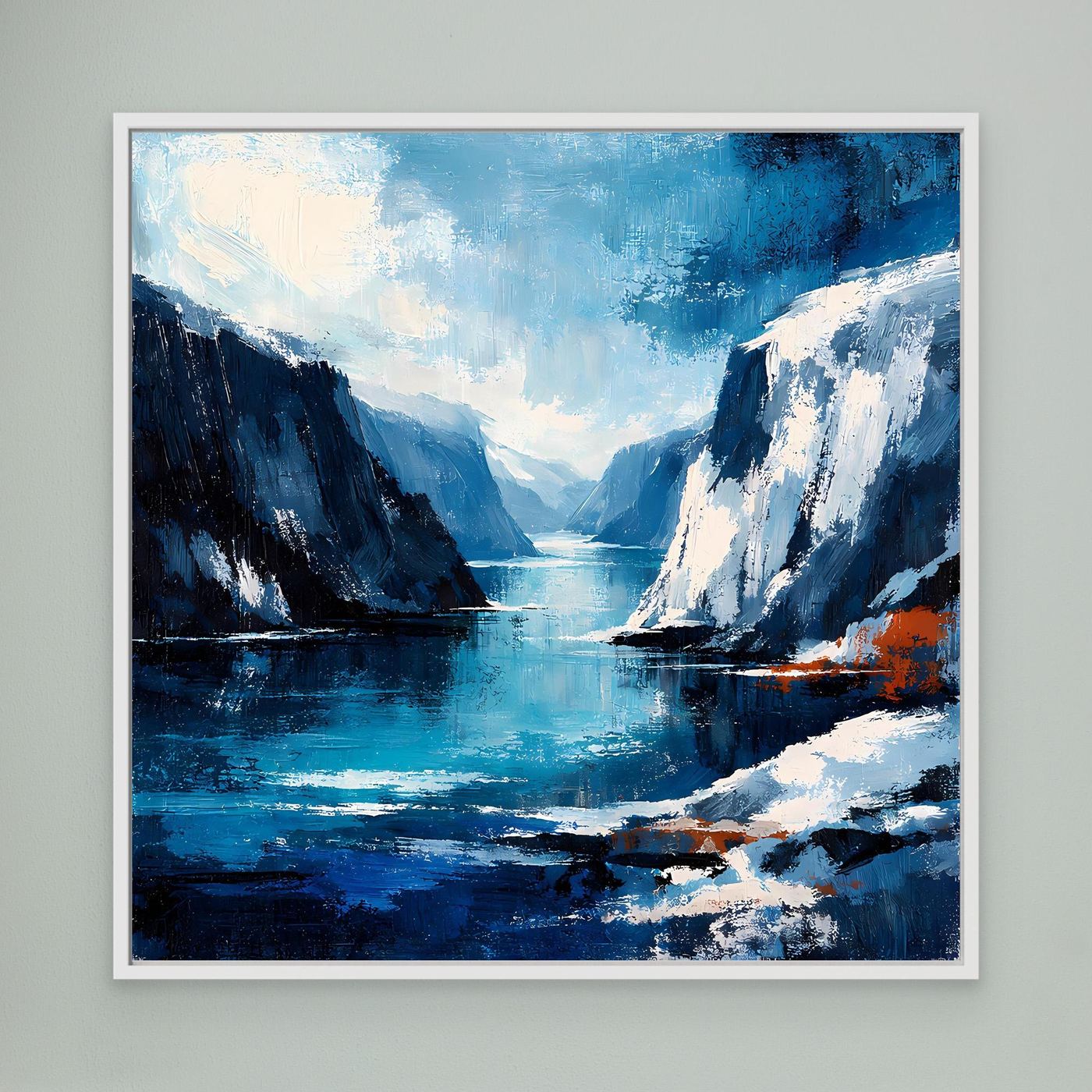 Leinwand-Wandbild mit abstrakter Felsküste und blauem Meer, weiß gerahmt