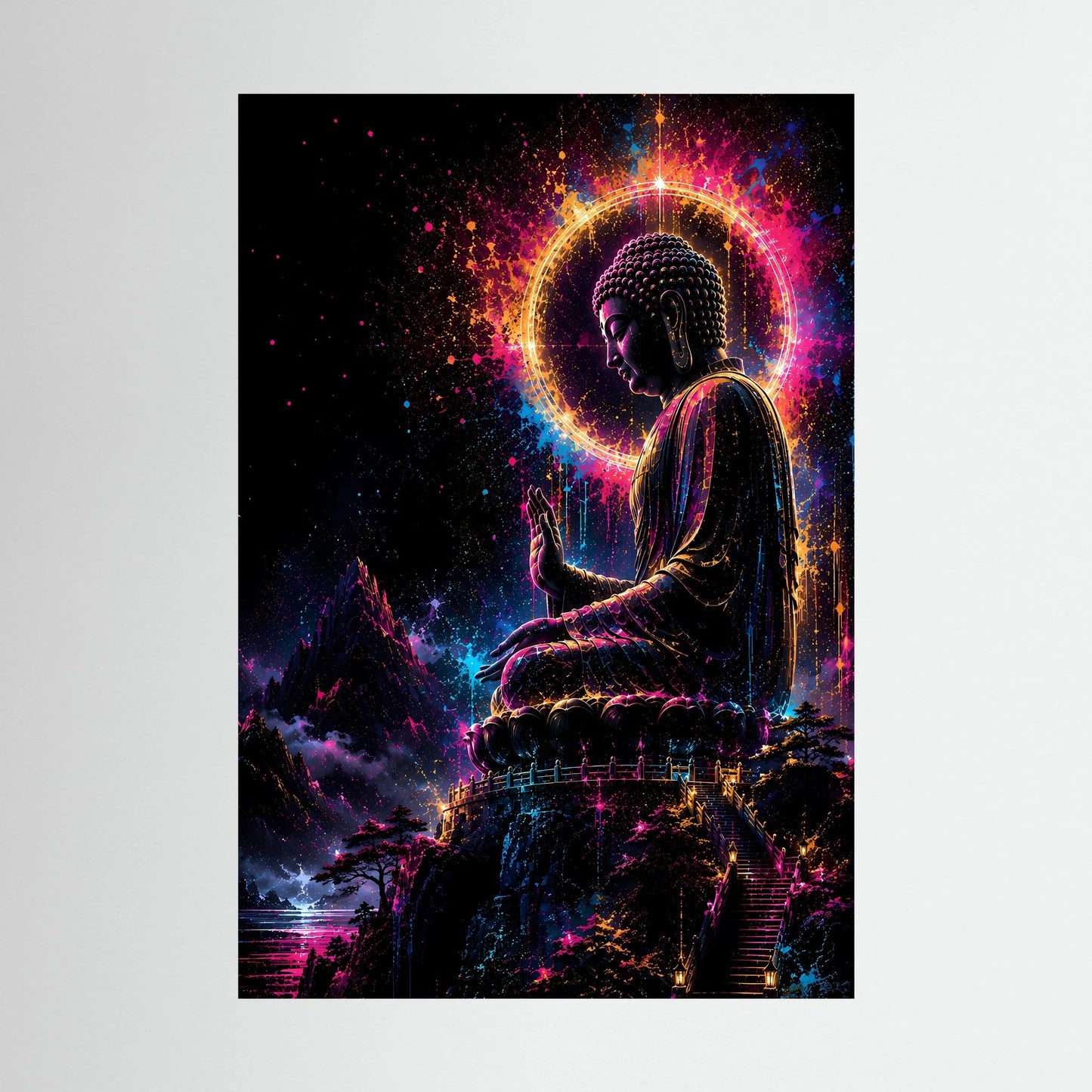 Poster im Hochformat: sitzender Buddha mit leuchtender Neon-Aura und Farbsprenkel