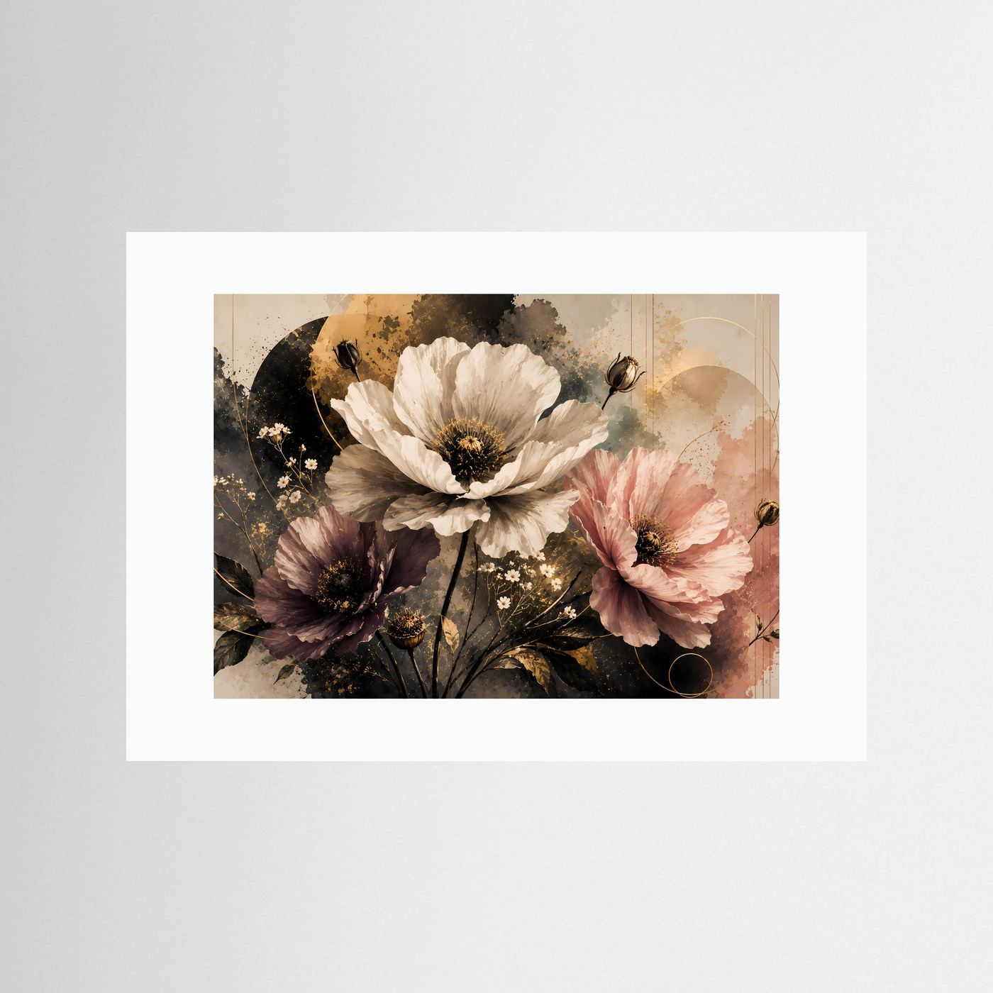 Querformat-Poster mit Mohnblumen in Creme, Rosa und Violett, weißes Passepartout