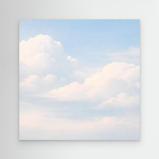 Quadratisches Leinwandbild mit pastellfarbenen Wolken am hellblauen Himmel