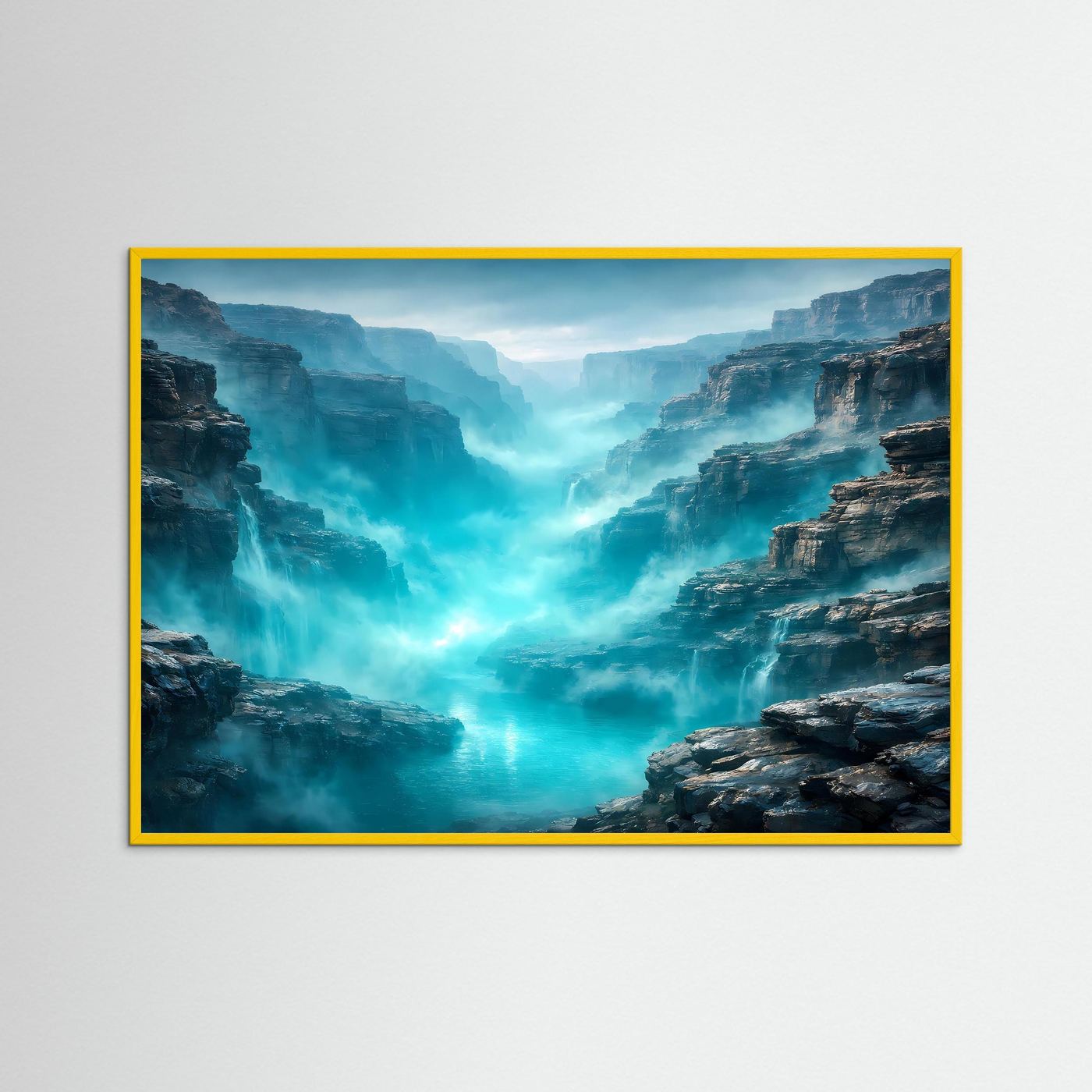Wandbild mit Canyon-Landschaft in Türkis, gerahmt in Gelb