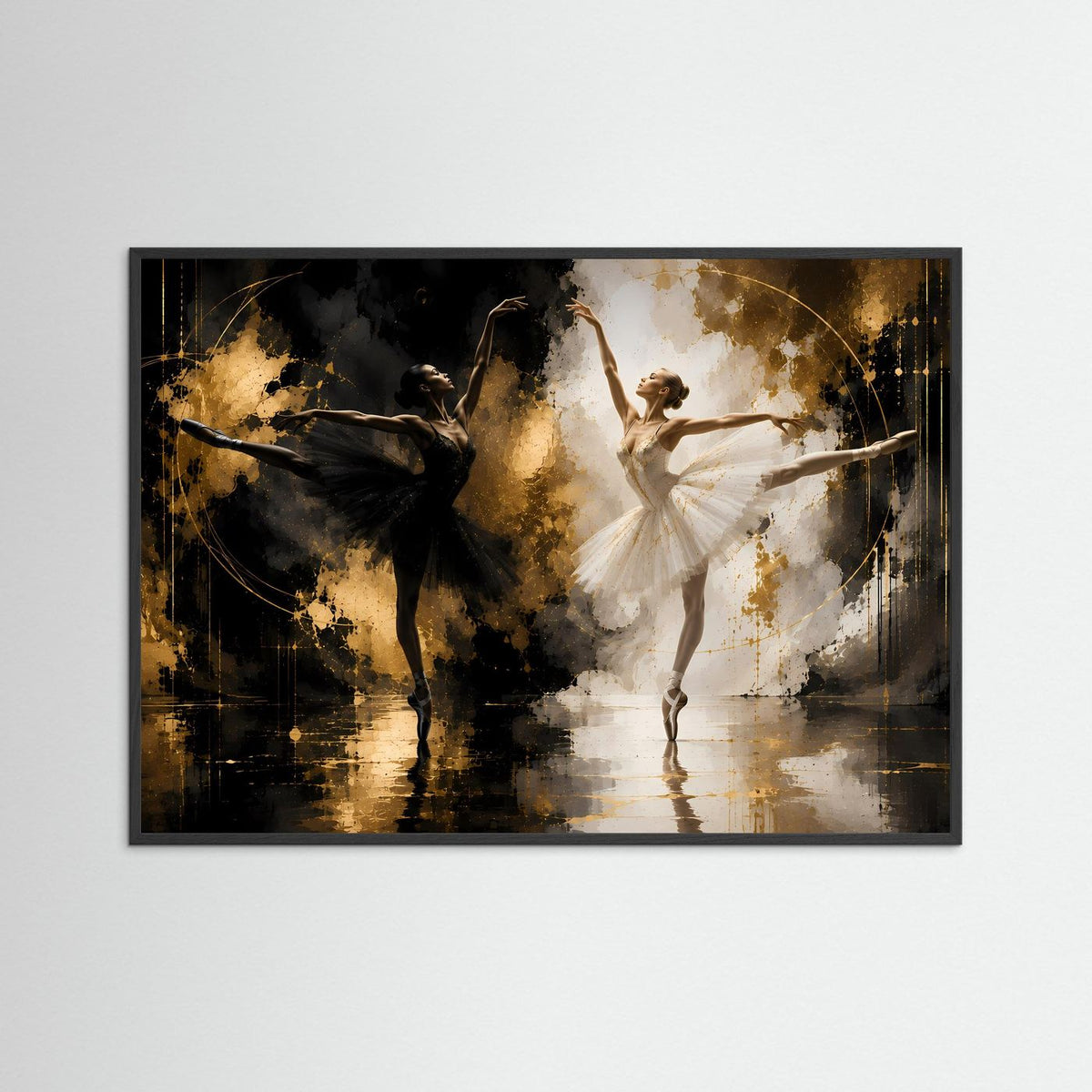 Gerahmtes Querformat-Poster mit Balletttänzerin in Weiß und Tänzer in Schwarz, Goldakzente