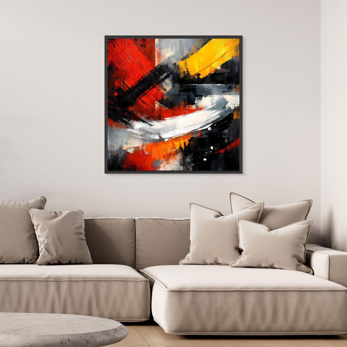 Quadratisches Leinwand-Wandbild mit Holzrahmen und abstrakten Farbflächen in Rot, Gelb, Schwarz