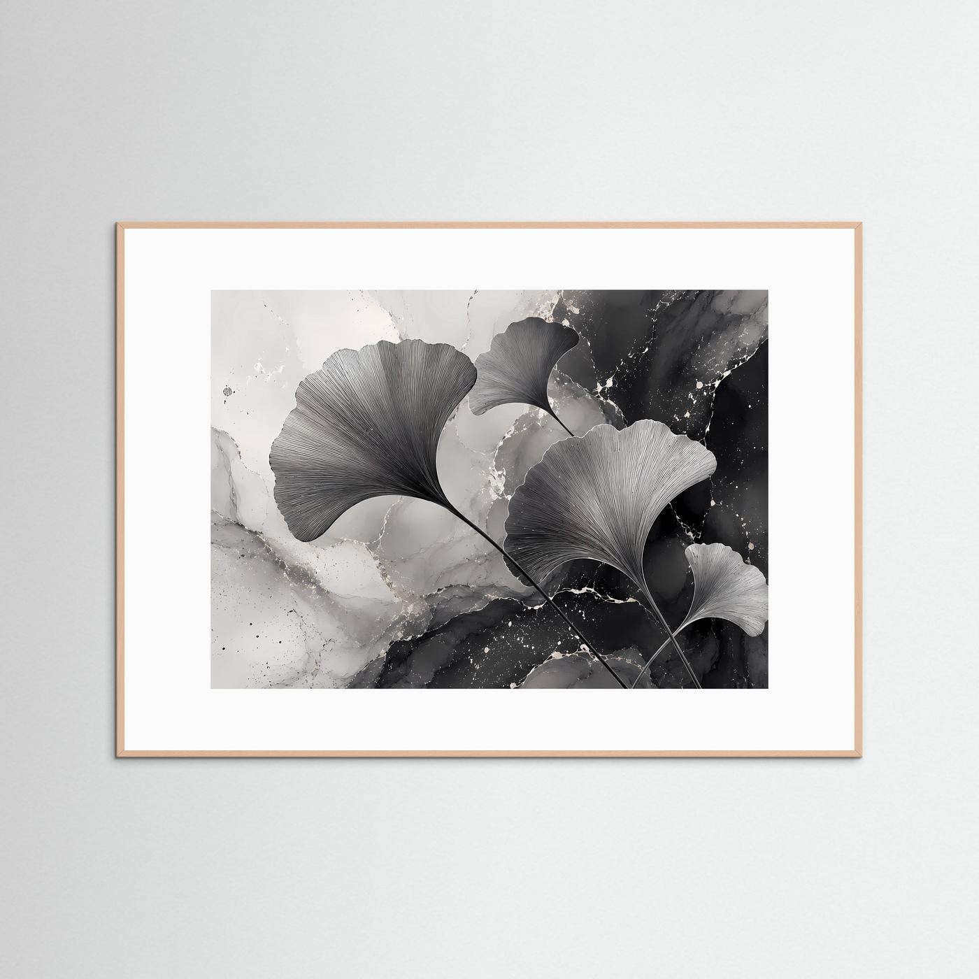 Ginkgo-Blätter Schwarz-Weiß | Modernes Botanisches Wandbild im minimalistischen Stil