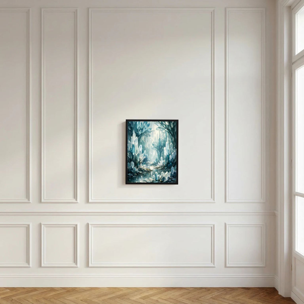 Quadratisches Wandbild mit blauem Kristallwald-Motiv im dunklen Rahmen