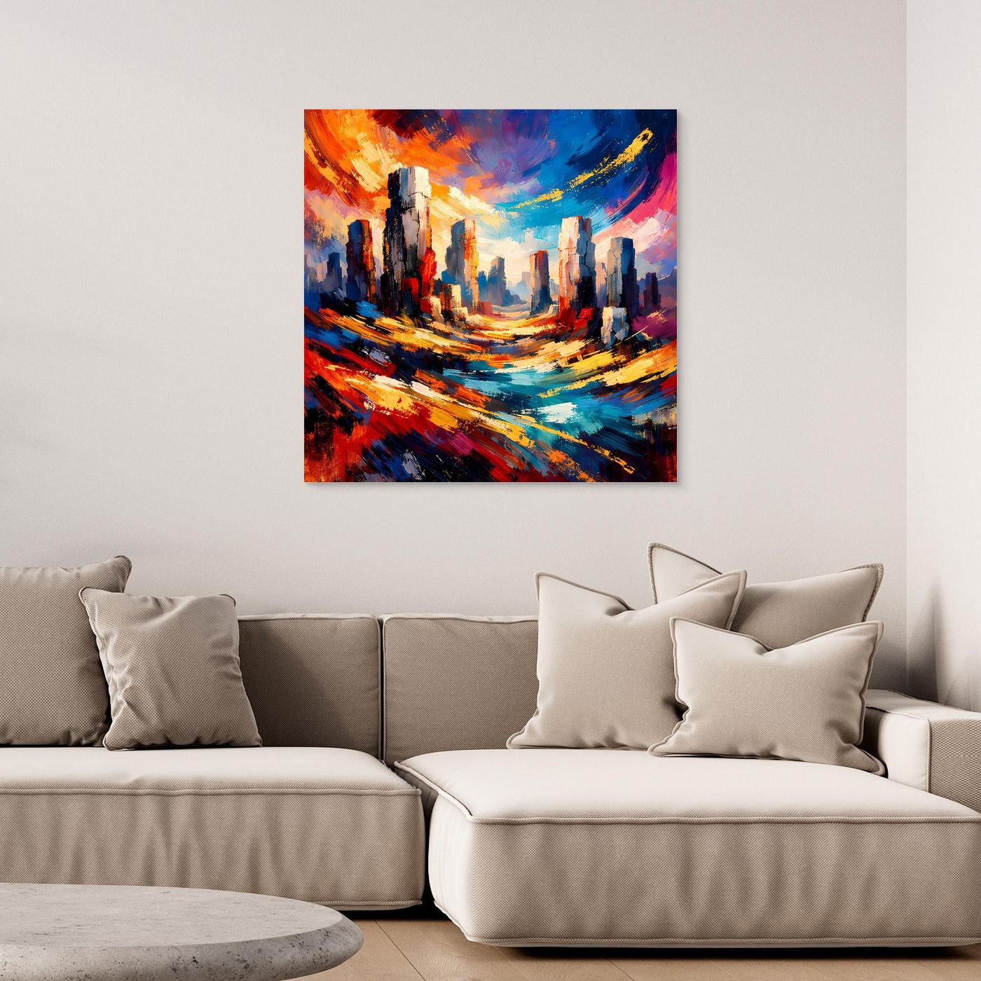 Gerahmtes Leinwandbild mit abstrakter City-Skyline in Blau, Rot und Gelb