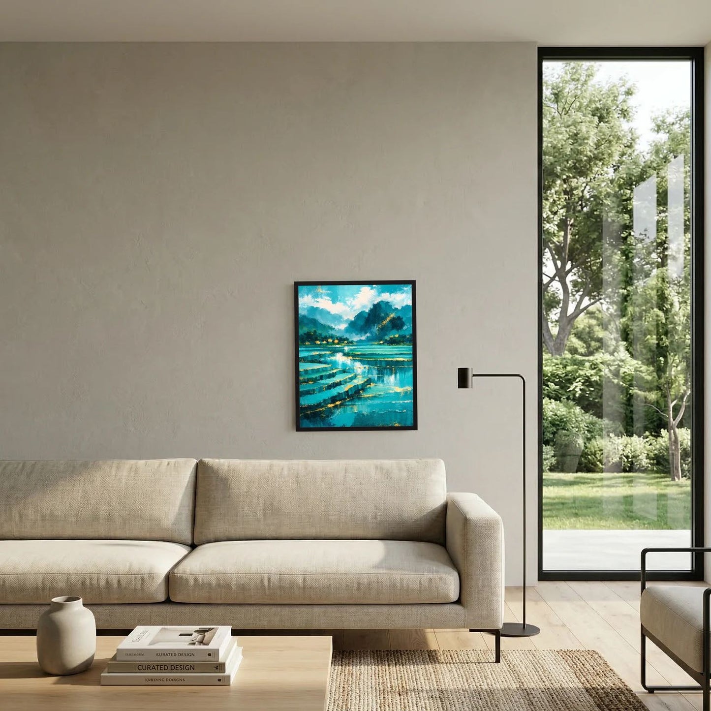 Abstraktes Landschaftsbild mit türkisblauem Wasser, Bergen und Himmel, im schwarzen Rahmen