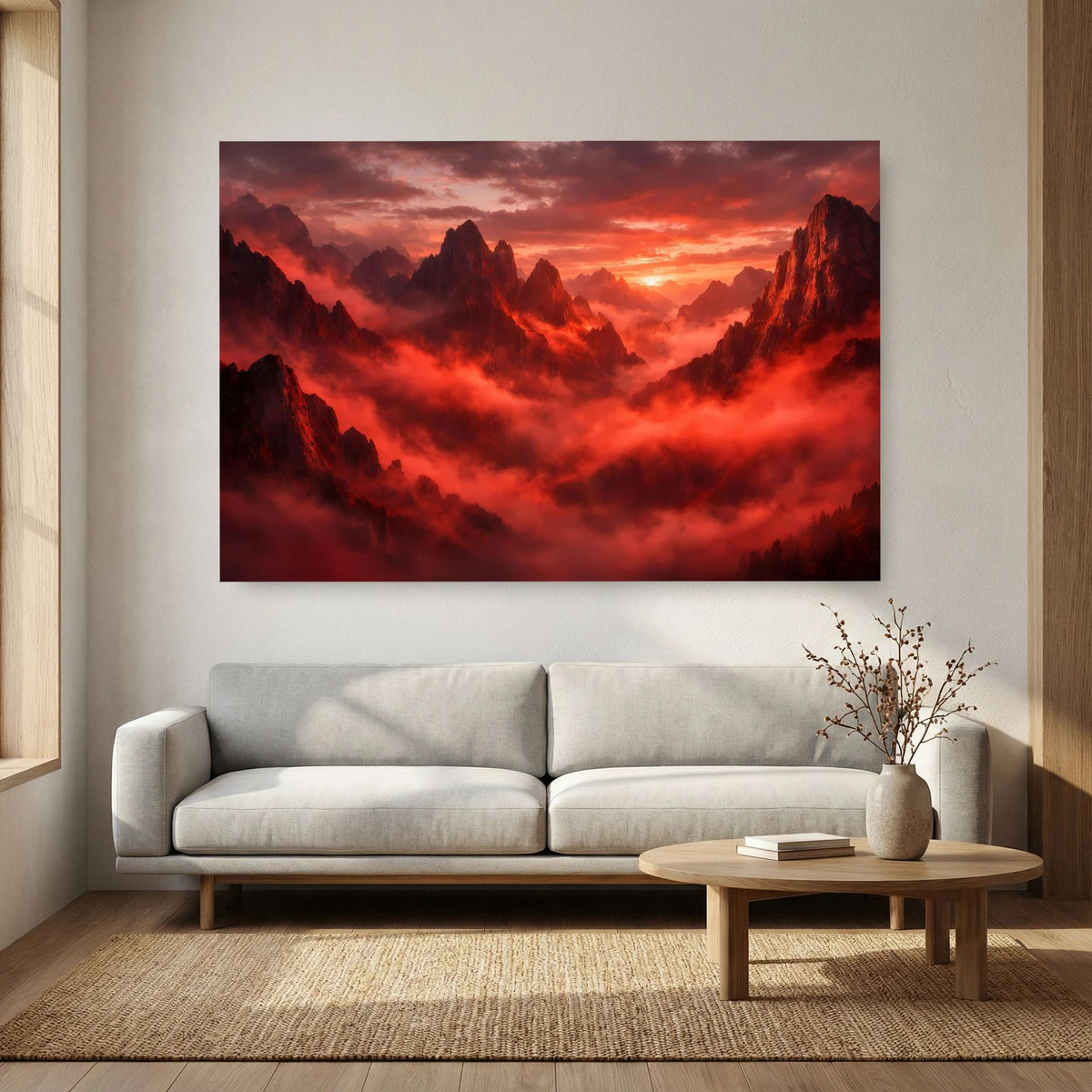 Querformatiges Wandbild mit Berglandschaft in Rot mit Nebel und Abendhimmel