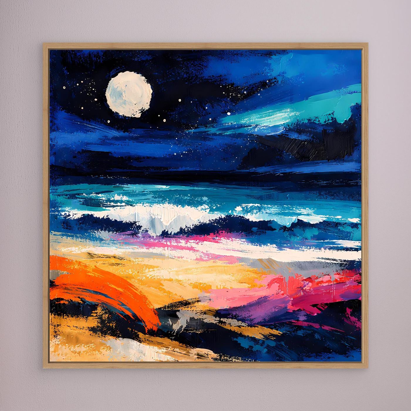 Wandbild mit abstraktem Küstenmotiv: Vollmond über dem Meer, blaue Flächen und orangefarbener Vordergrund, braun gerahmt.